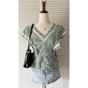 LOFT Ruffled Side Green Floral Blouse Summer Top